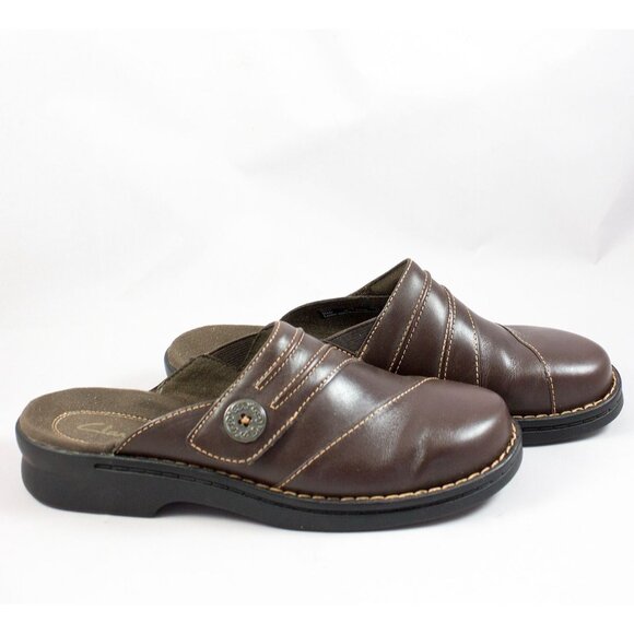 Clarks Womens Patty Beli Brown Leather Slip-On Clogs Mules Size 7M Shoes - Picture 1 of 8